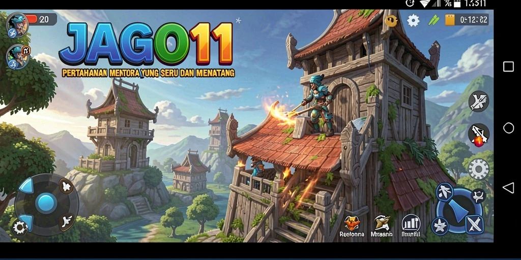 Tampilan gameplay JAGO11 dengan menara yang strategis dan musuh yang menyerang.