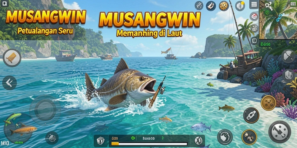 Screenshot gameplay MUSANGWIN menampilkan pengalaman memancing yang mendebarkan.