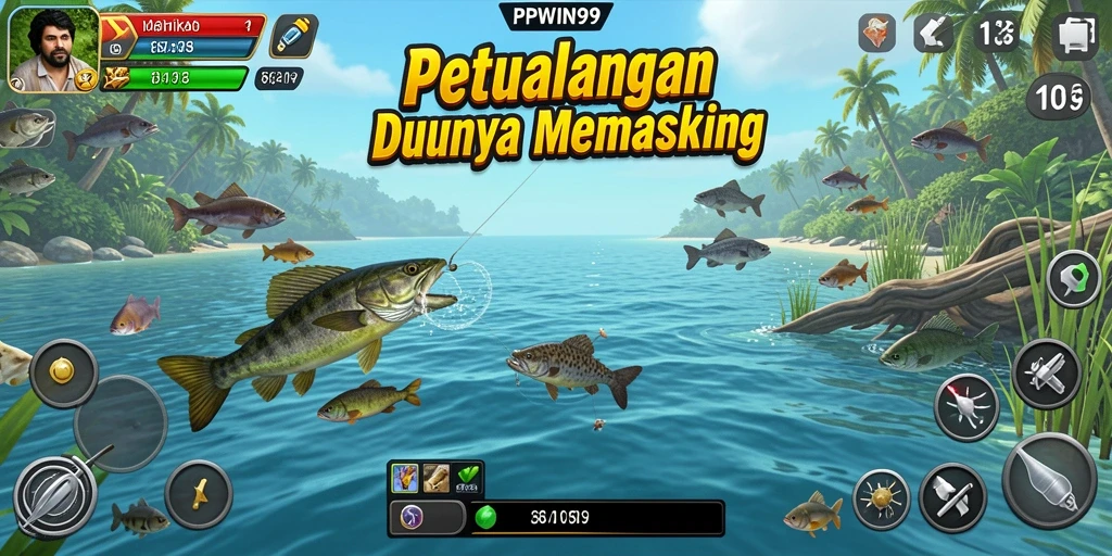 Tampilan gameplay PPWIN99 saat menangkap ikan di lingkungan yang indah.