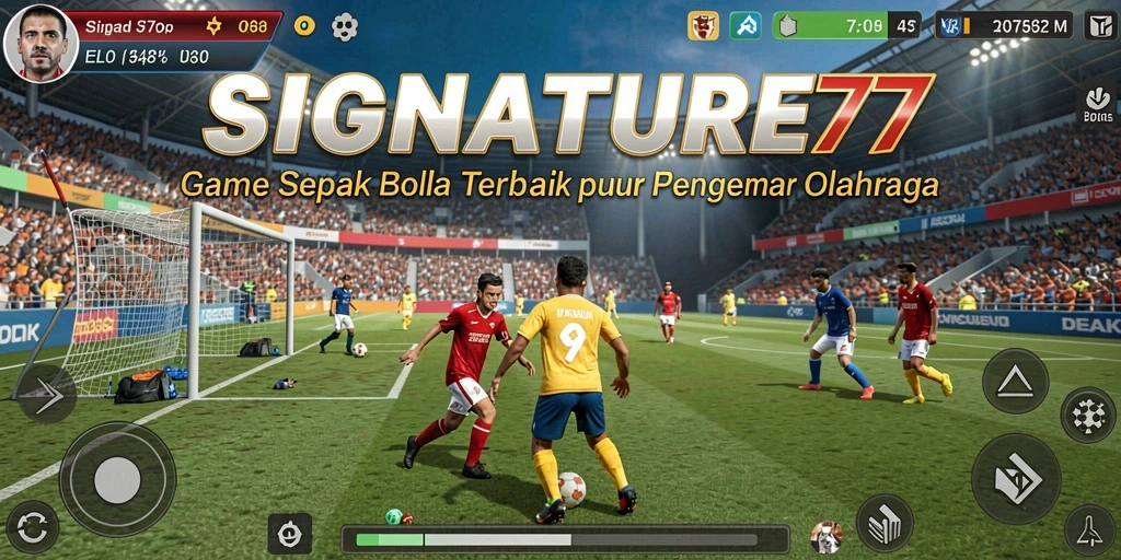 Screenshot SIGNATURE77 menunjukkan aksi intens di lapangan sepak bola.