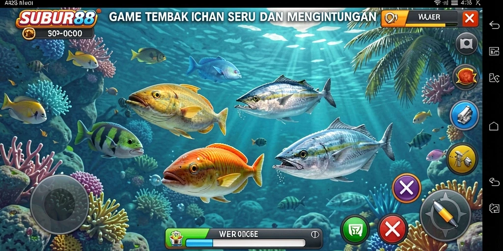 Screenshot menampilkan gameplay seru dalam SUBUR88 dengan ikan beragam.
