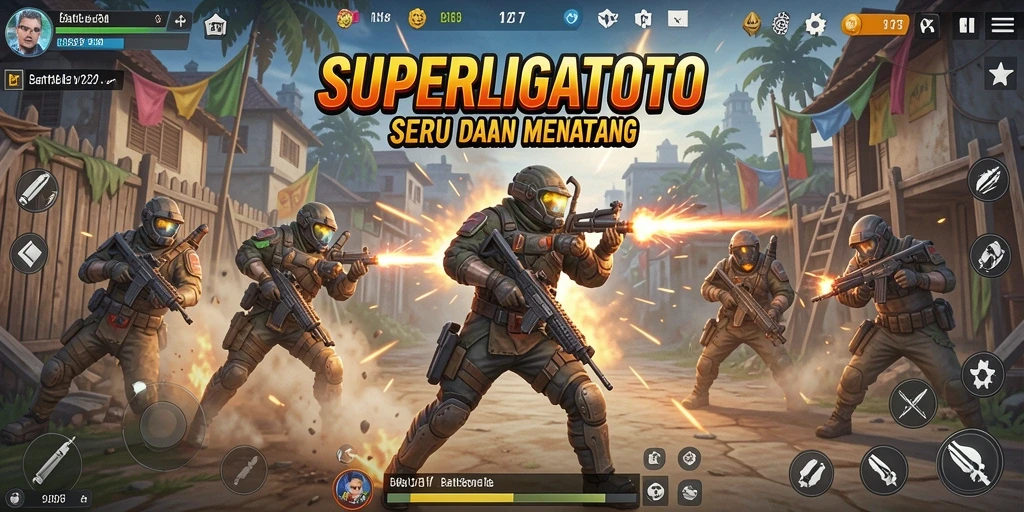 Tangkapan layar di SUPERLIGATOTO menampilkan aksi tempur seru dalam arena Battle Royale.