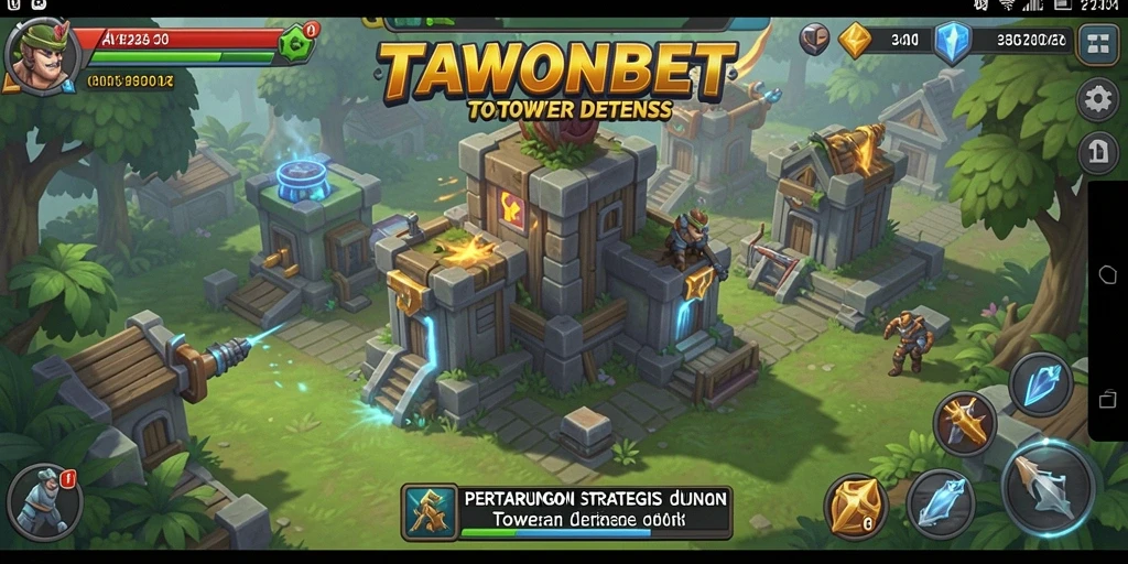 Tampilan gameplay TAWONBET menampilkan menara dan aksi pertempuran yang intens.